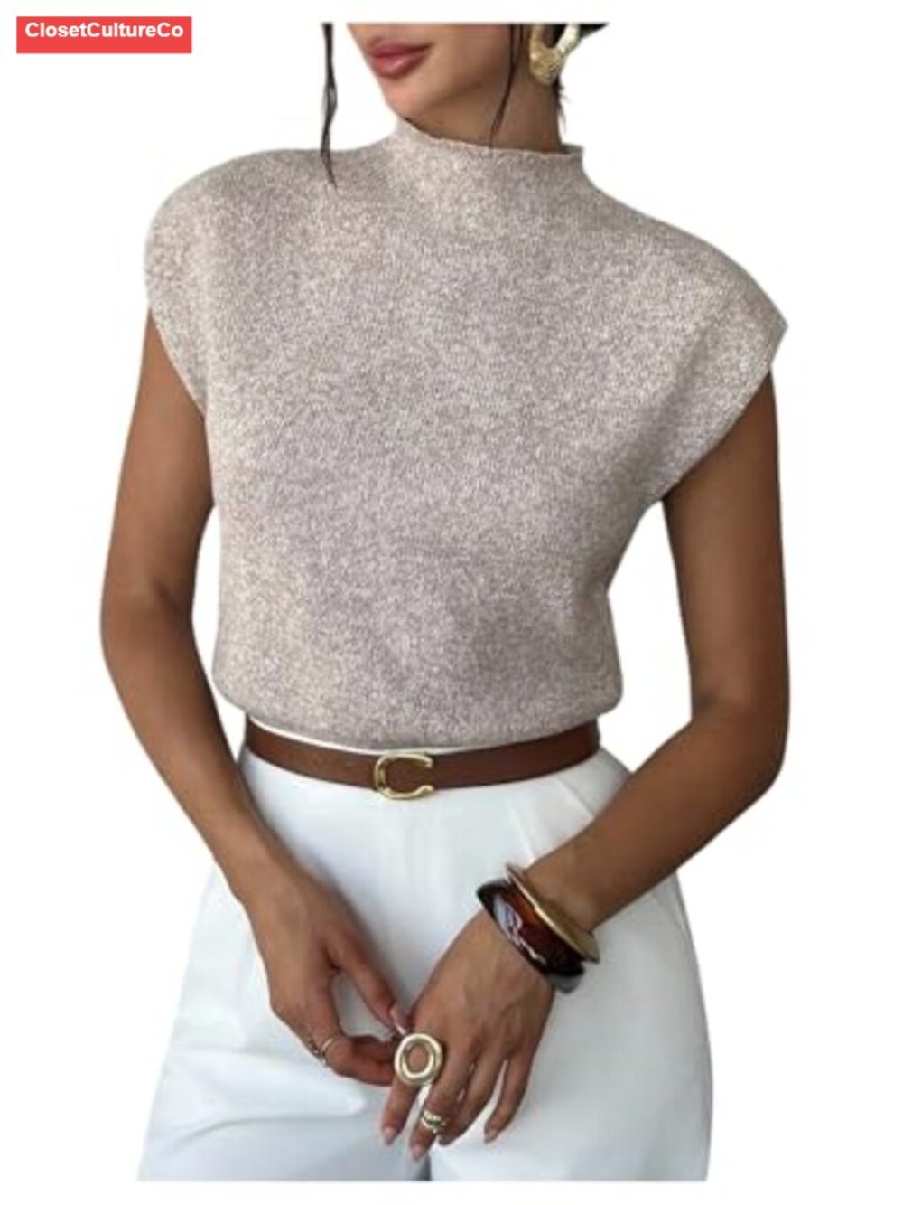 Women's Rib Knit Cap Sleeve Mock Neck Sweater Vest
